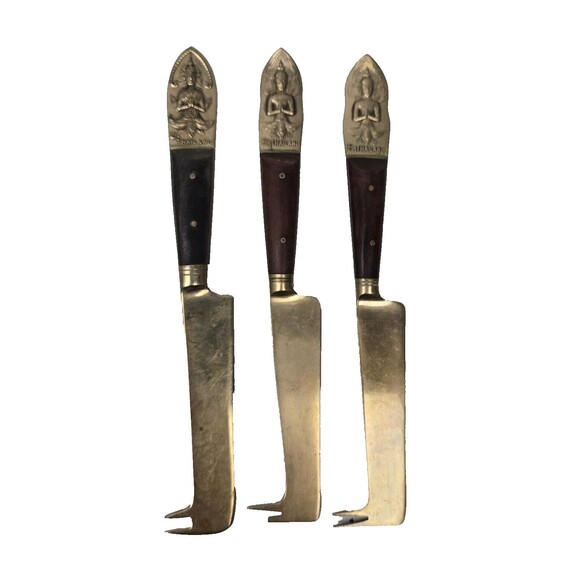 3 Vintage Pronged Cheese Knives Buddha Bronze Brass Rosewood Siam Thailand 6” - Picture 2 of 7